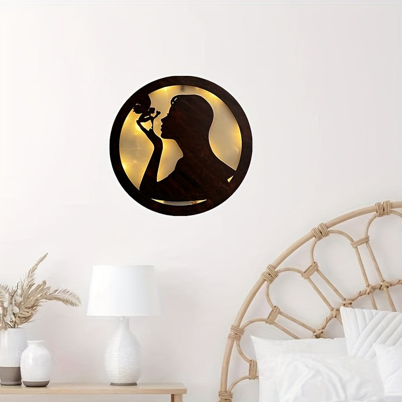 Children's Room LED Wall Clock Lamp Retro Wooden Sign Sticker Hanging Light