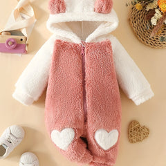 Baby Girls Fur Love Embroidered Jumpsuit Hooded Long Sleeve Bodysuit