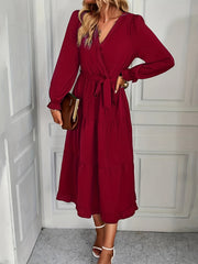 Tiered Surplice Neck Dress Long Sleeve Midi Dress Women's Clothing