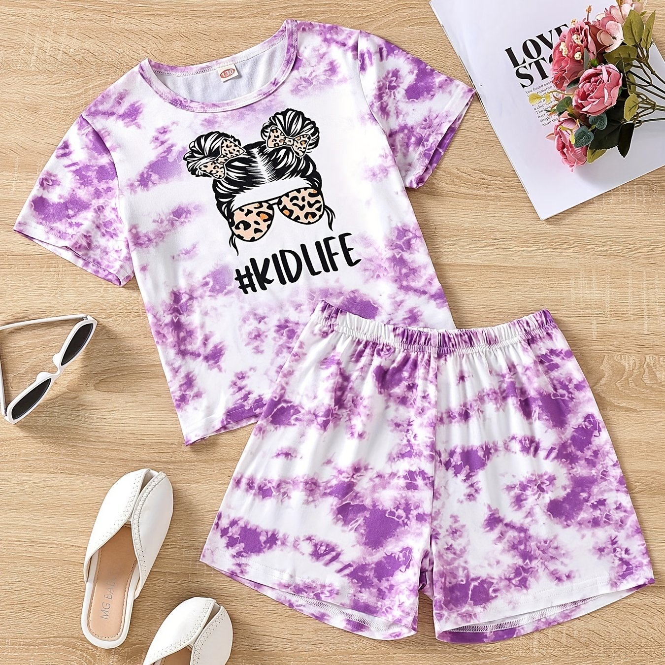 Girls' Tie Dye Short Sleeve T-Shirt Top & Shorts Set for Street Party