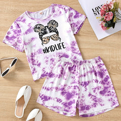 Girls' Tie Dye Short Sleeve T-Shirt Top & Shorts Set for Street Party