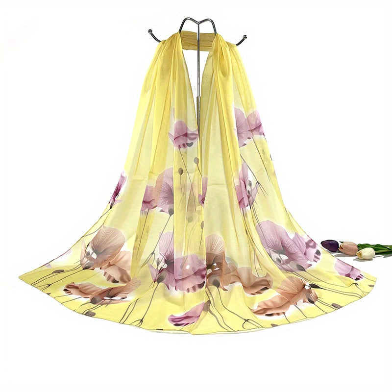 Lotus Print Chiffon Scarf Gradient Thin Gauze Shawl Windproof Head Wrap