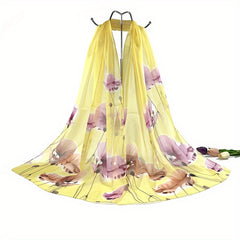 Lotus Print Chiffon Scarf Gradient Thin Gauze Shawl Windproof Head Wrap