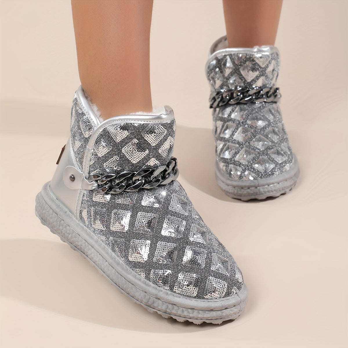 Y2K Snow Boots Sequin Glitter Chain Heighten Non Slip
