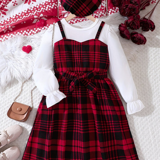 Girls 2pcs Plaid Dress Hat Set Autumn Winter