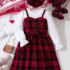 Girls 2pcs Plaid Dress Hat Set Autumn Winter