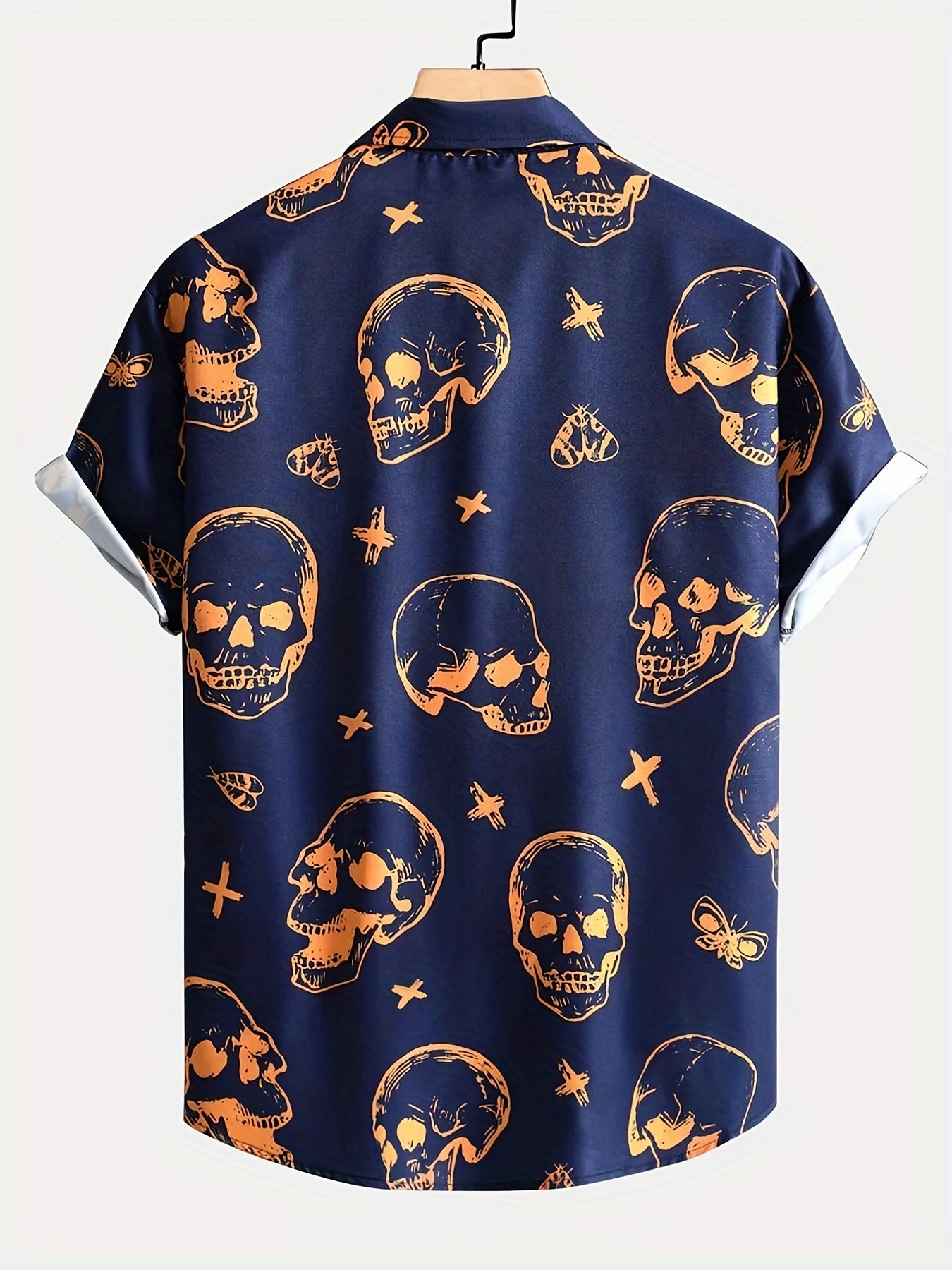 Men's Cross & Skull Print Camp Collar Bowling Shirt Short Sleeve