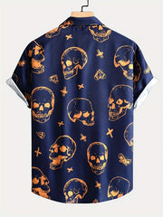 Men's Cross & Skull Print Camp Collar Bowling Shirt Short Sleeve