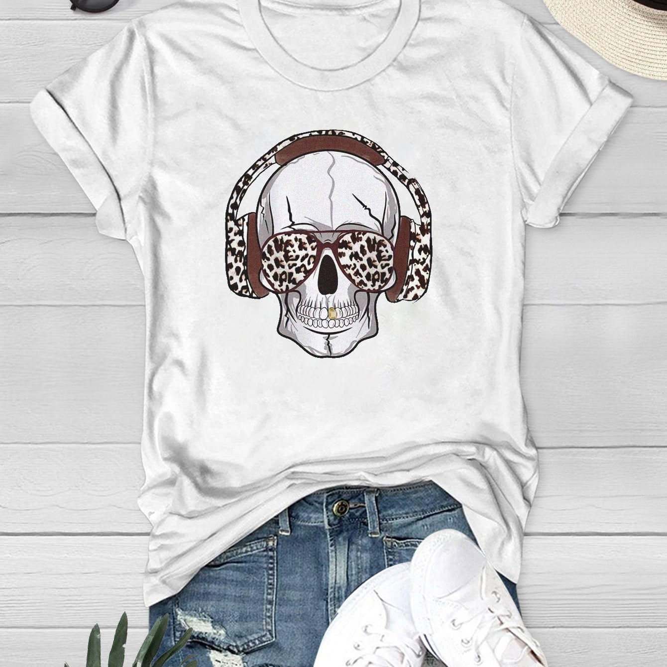 Halloween Summer Skull Music Graphic Tee for Women