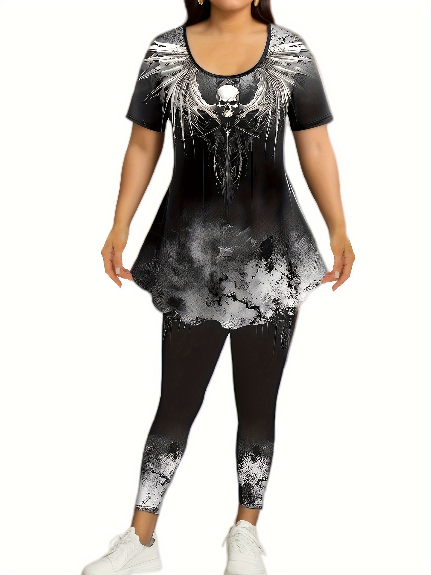 Women's Plus Size Skull Print Tie Dye Tunic Top & Leggings Set