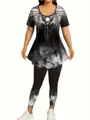 Women's Plus Size Skull Print Tie Dye Tunic Top & Leggings Set