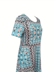 Floral Print Boho Midi Dress Short Sleeve