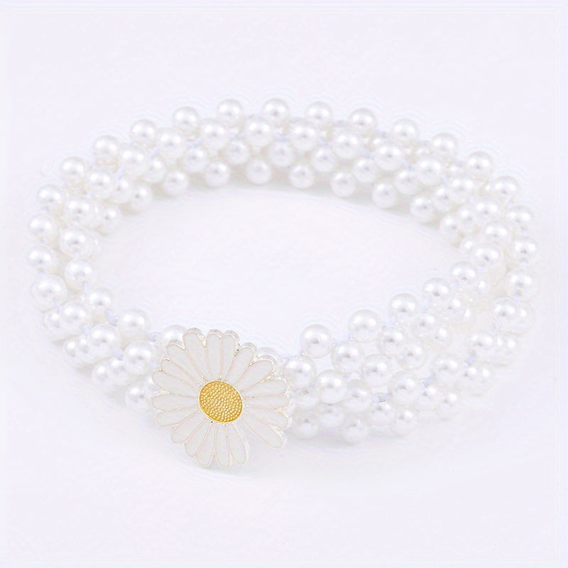 Faux Pearl Chain Elastic Belt Round Pearl Buckle Dress Belt Women