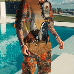 Rooster Pattern Men's 2 Piece Outfits T-shirt And Shorts Set