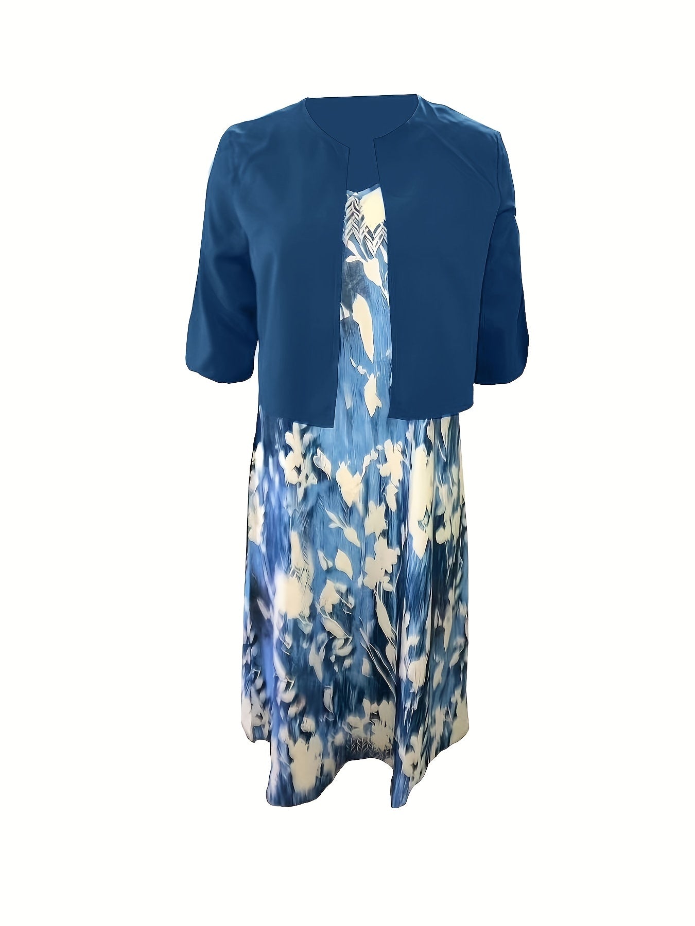 Casual 2pc Set: Solid Open Front Cardigan & Floral V Neck Dress
