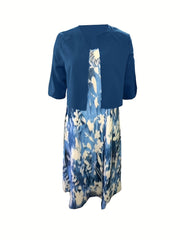 Casual 2pc Set: Solid Open Front Cardigan & Floral V Neck Dress