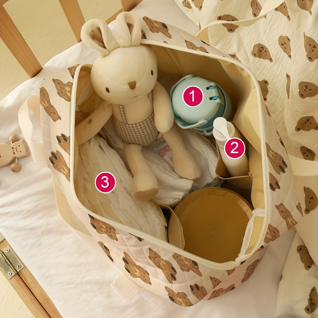 Teddy Bear Print Diaper Bag with Wet Dry Compartments