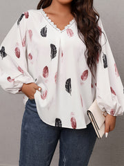Women's Plus Feather Print Lace Trim Long Sleeve V Neck Tunic Top