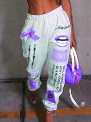 Letter & Lips Print Pants Casual Sporty Elastic Waist Pants