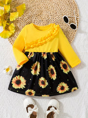 Baby Girls Ruffle Trim Flower Print Dress Long Sleeve Sundress