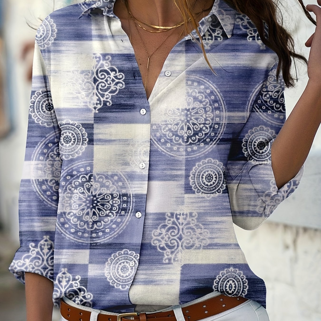 Boho Blouse Women's Plus Colorblock Floral Print Button Up