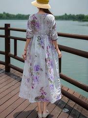 Vintage Floral Print Ruched Dress Tie Waist Surplice Neck A Line
