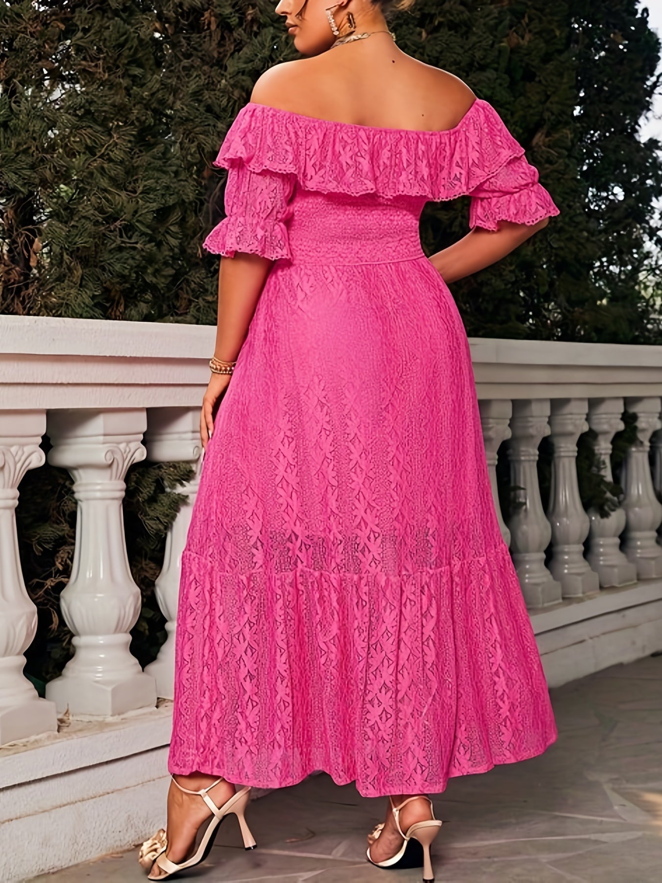 Lace Ruffle Off Shoulder Maxi Smock Dress
