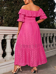 Lace Ruffle Off Shoulder Maxi Smock Dress