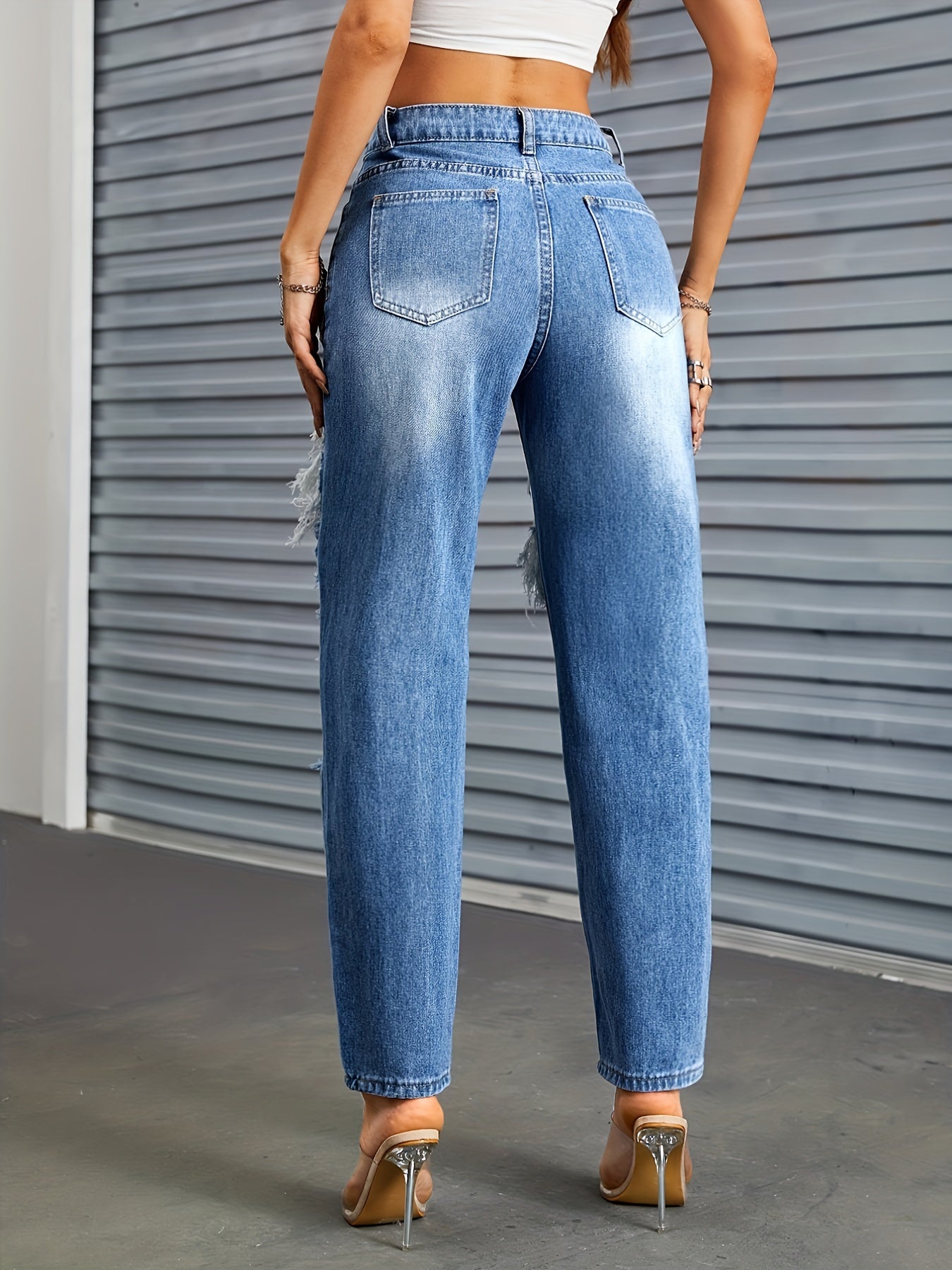High Waist Distressed Straight Jeans