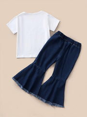 Toddler Girl's Print T shirt & Denim Pants Set for Summer