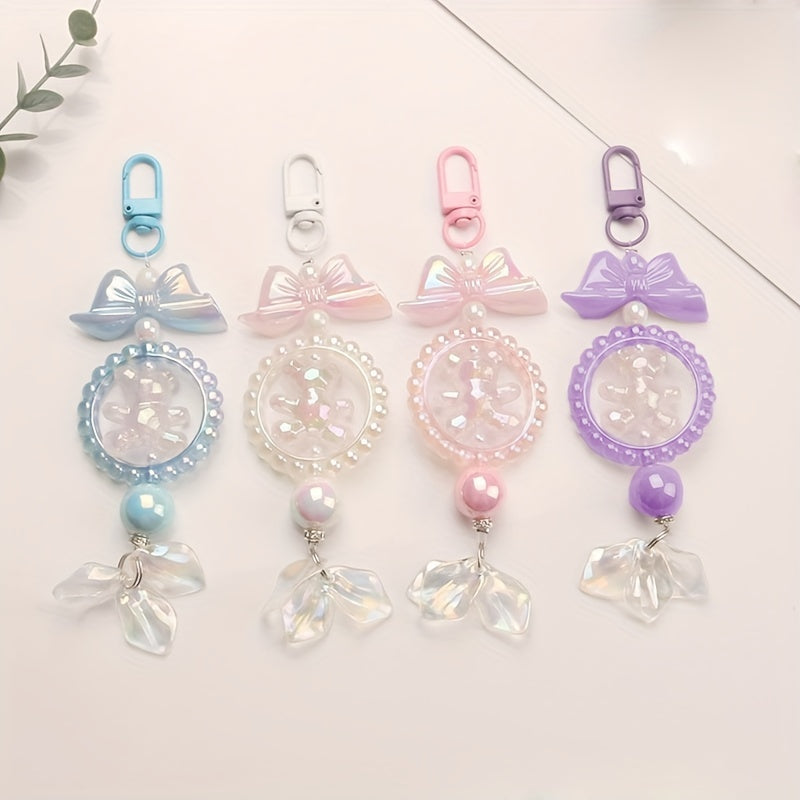 Cute Bear Keychain with Bow Knot and Beaded Shell Pendant for Girls