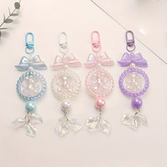 Cute Bear Keychain with Bow Knot and Beaded Shell Pendant for Girls