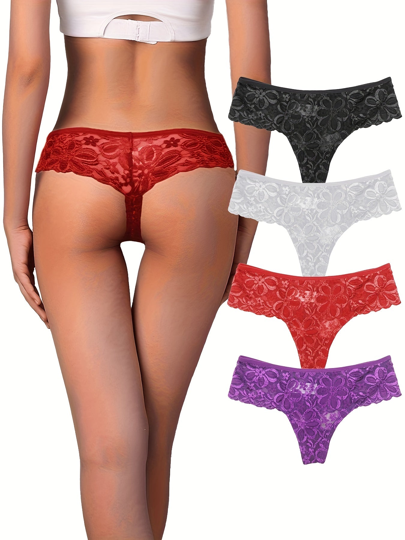4pcs Floral Lace Thongs Soft & Comfy Stretch Panties Women's Lingerie