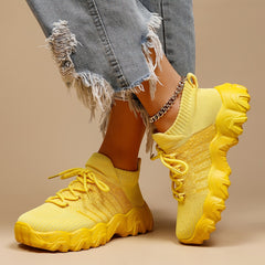 Yellow Knit Sneakers Breathable Comfortable Low Top Running Shoes