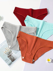 4pcs Solid Ribbed Briefs Comfy & Breathable Panties Women's Lingerie