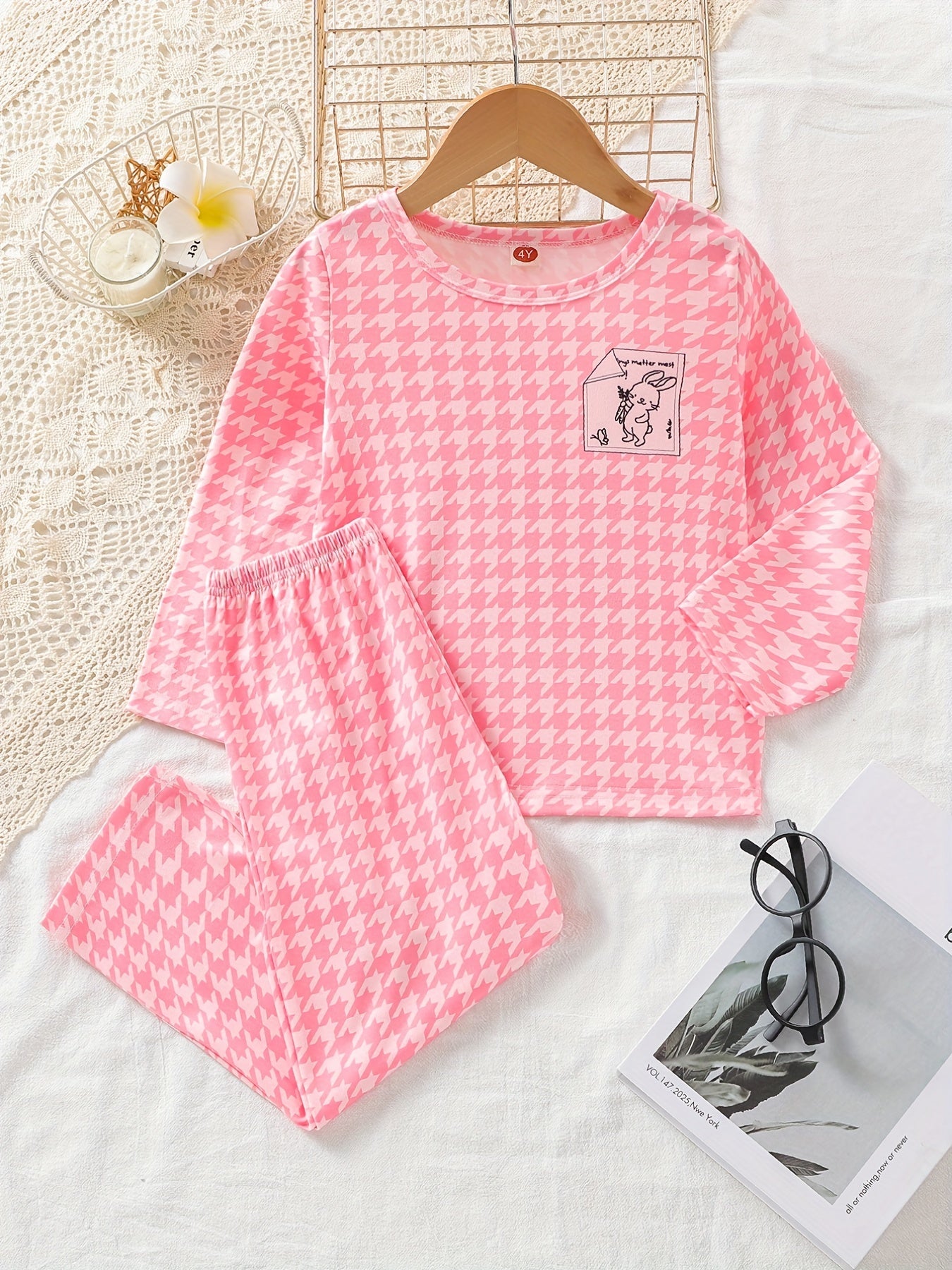 Kid's 2pcs Rabbit Houndstooth Pajama Set, Long Sleeve Top & Pants