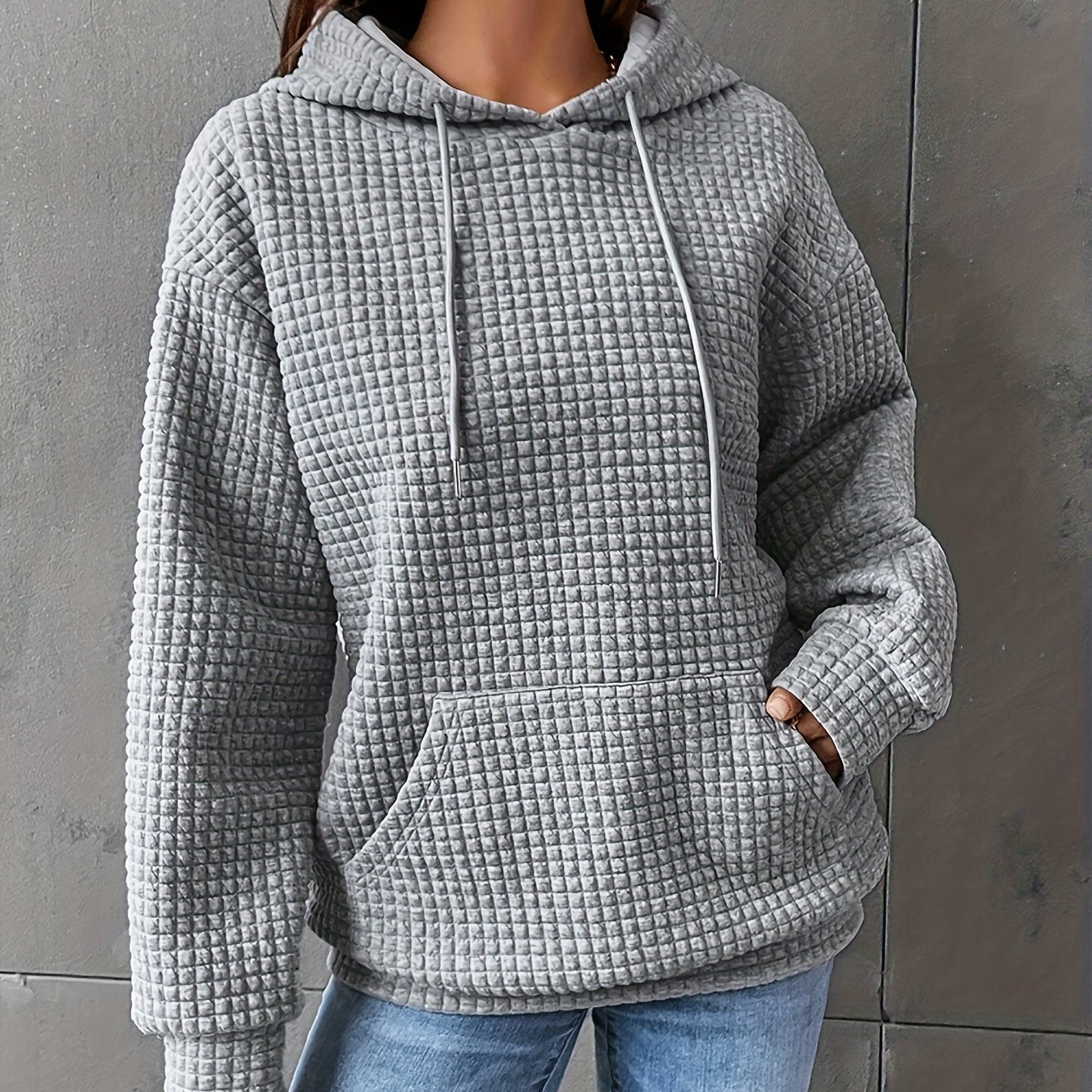 Popcorn Style Textured Kangaroo Pocket Hoodie Women's Sweatshirt