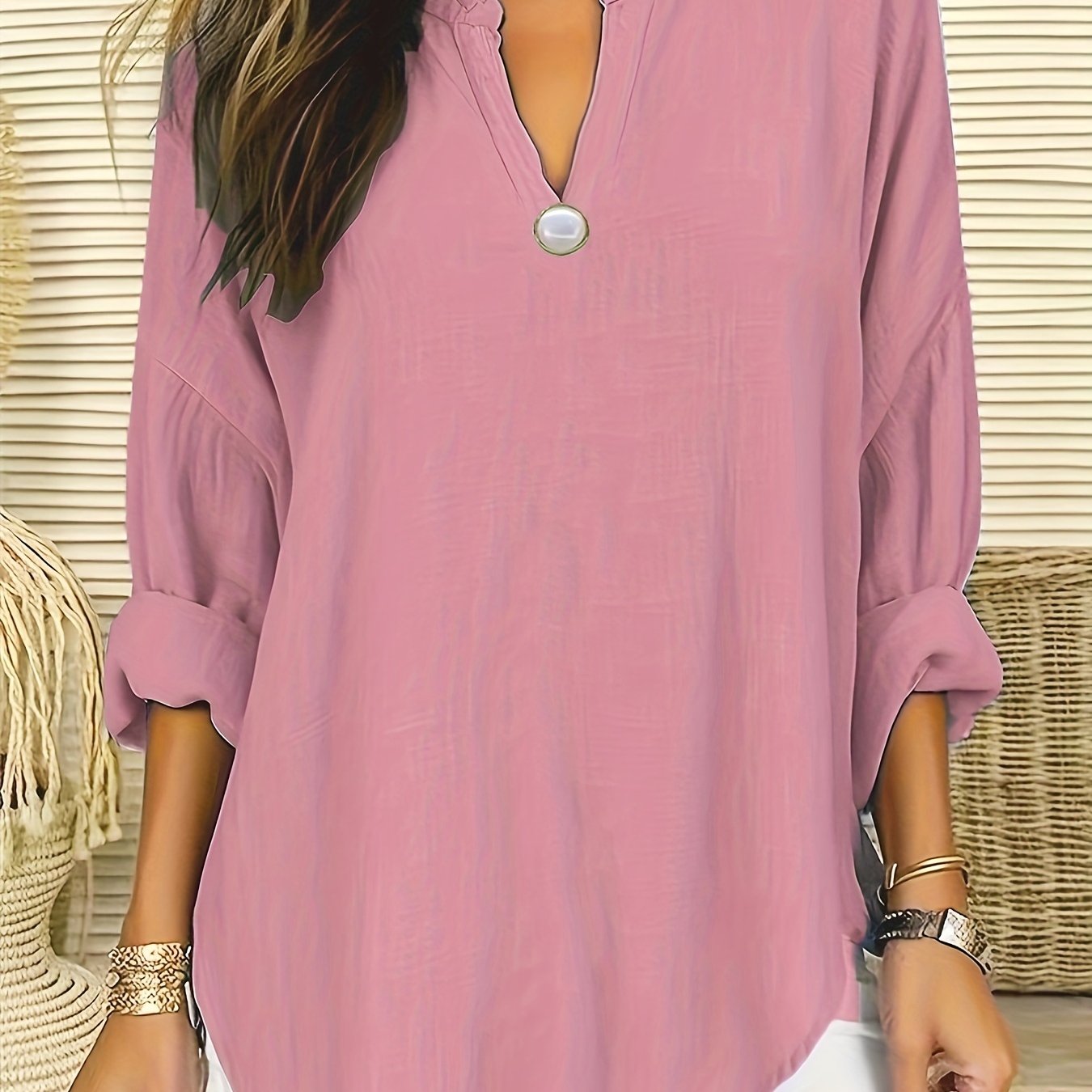 V Neck Tunic Shirt Top Solid Long Sleeve