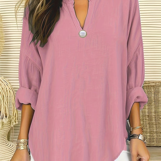 V Neck Tunic Shirt Top Solid Long Sleeve