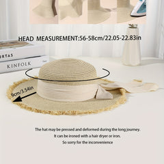 Straw Sun Hat Bowknot Decor Flat Top Jazz Fedora French Style Sunshade Beach Hat