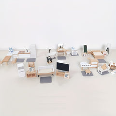 Scandinavian Style Wooden Toy Set Mini Furniture Kitchen Bedroom Bathroom