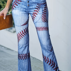 Leaf Print Flare Leg Jeans Casual Button Fly Denim Pants