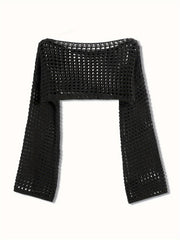 Casual Sweater Women Solid Hollow Bell Sleeve Crop Jumper