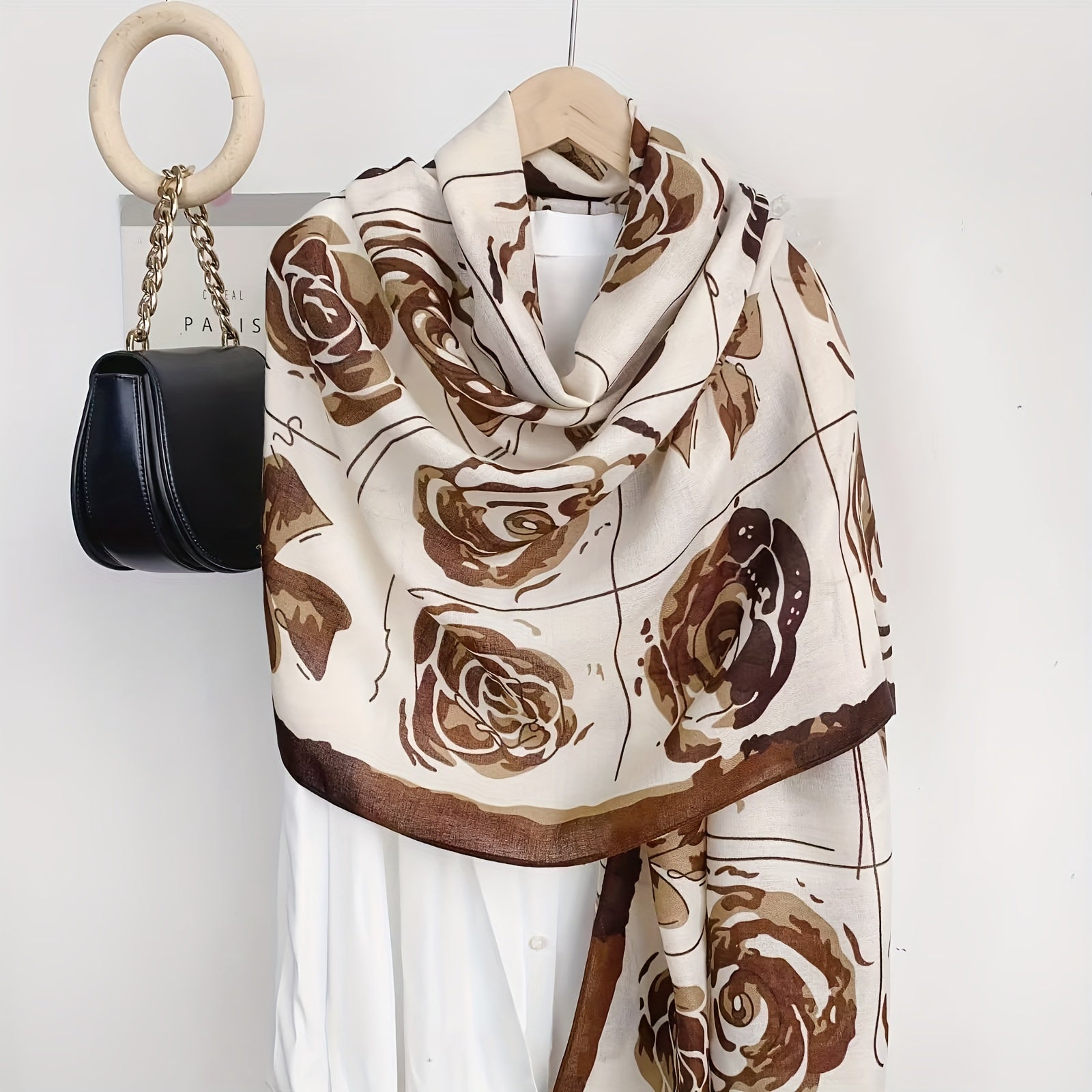Vintage Rose Print Scarf Warm Shawl Windproof Head Wrap