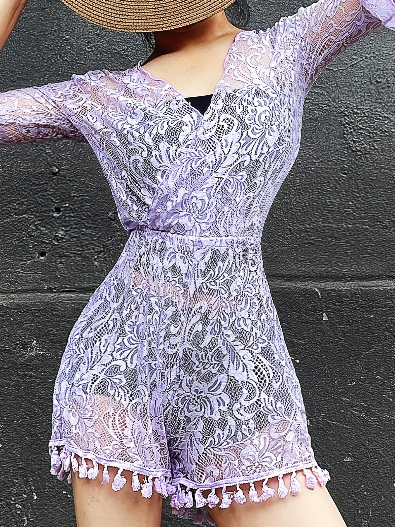 Lace Tassel Trim Purple Cover Up Playsuit V Neck Bell Sleeve