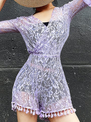Lace Tassel Trim Purple Cover Up Playsuit V Neck Bell Sleeve