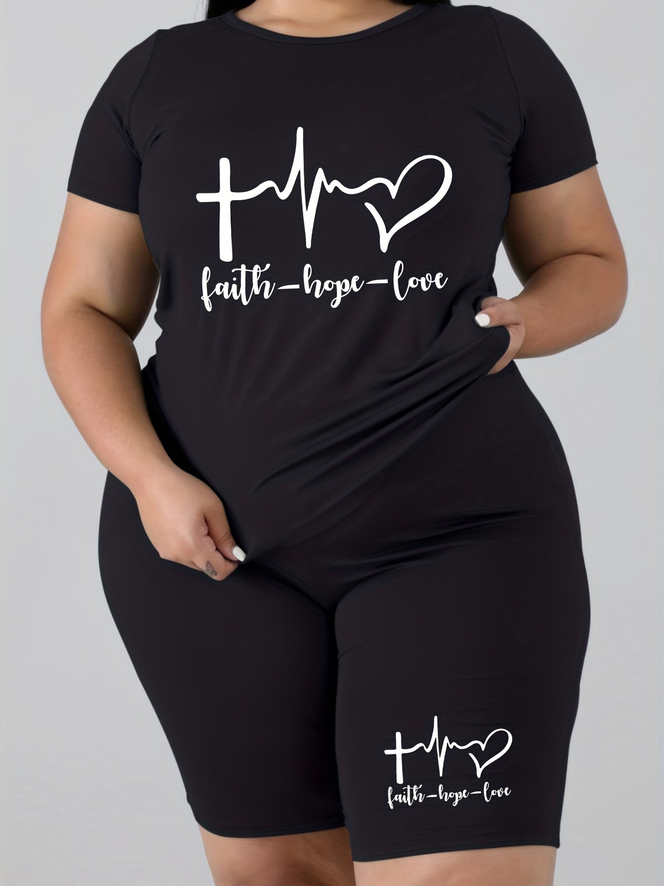 Women's Plus Size Art Letter Print Crop Top & Shorts Set