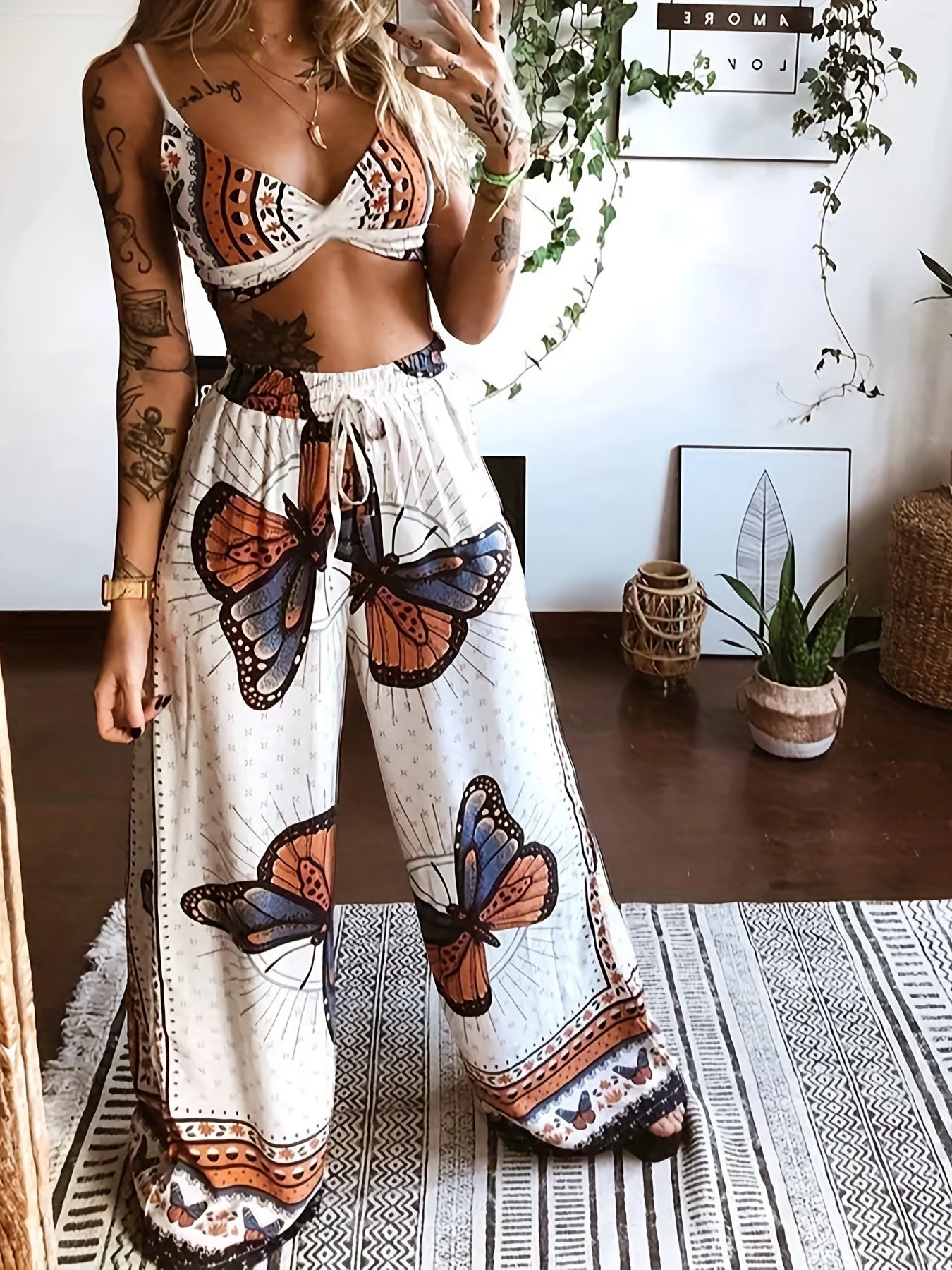Butterfly Print Set Twist Crop Cami & Wide Leg Pants
