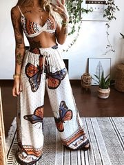Butterfly Print Set Twist Crop Cami & Wide Leg Pants
