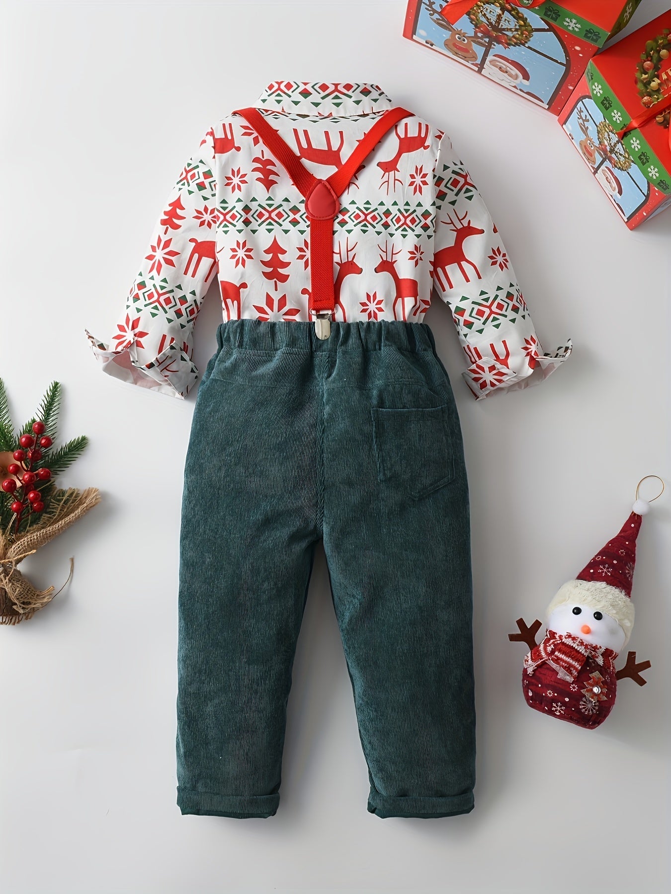 Boy's Christmas 2pcs Bow Tie Shirt & Corduroy Overalls Set Elk Print